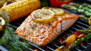 Pieczony na grillu łosoś  z cytryną oraz ziołami.
