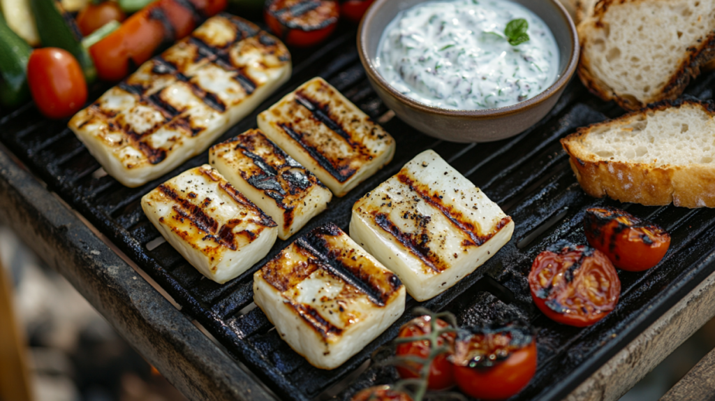 Ser halloumi w towarzystwie sosu, pomidorów i pieczywa.
