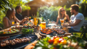Stół pełen jedzenia i bawiący się goście