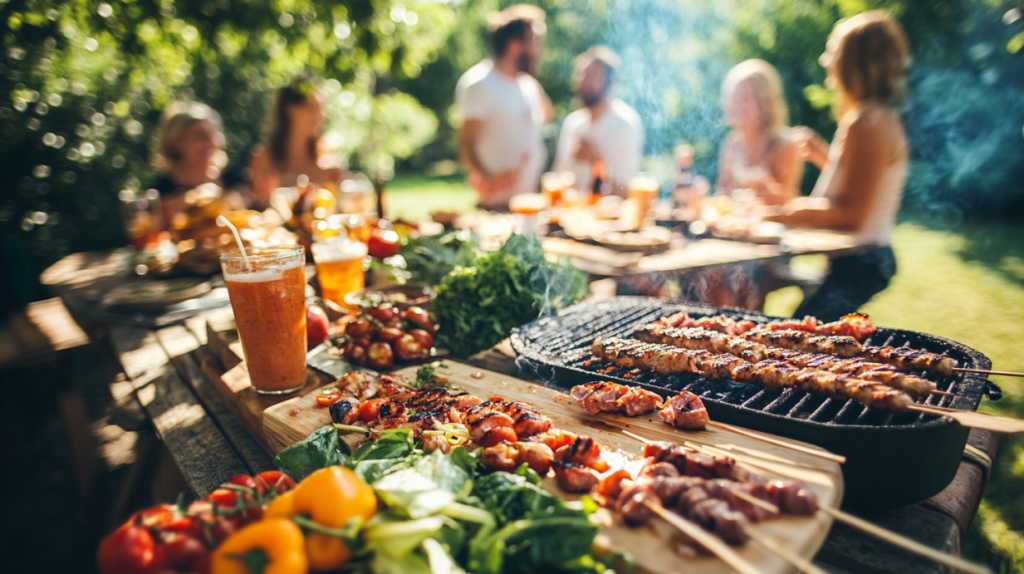 Grillowane mięso na tle towarzyskiego spotkania.