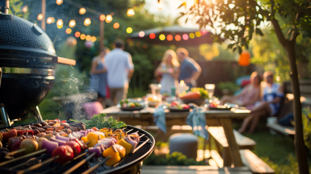 Grill z szaszłykami na tyle ogrodowej imprezy