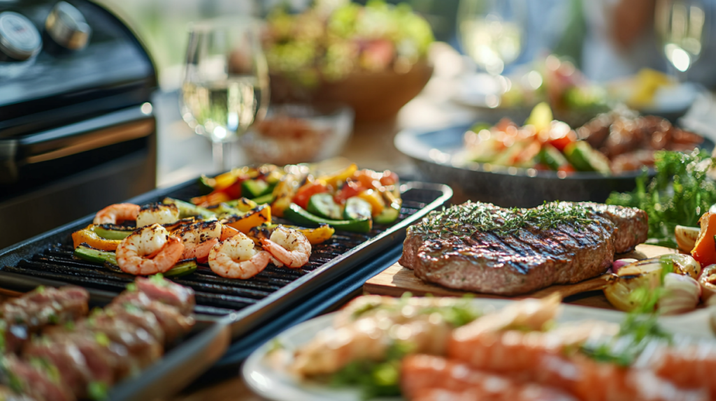 Owoce morza, warzywa i mięso przygotowane na grillu elektrycznym.