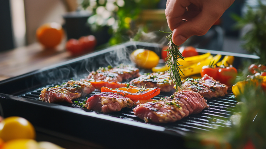 Przygotowywanie mięsa i warzyw na grillu elektrycznym z dodatkiem rozmarynu.