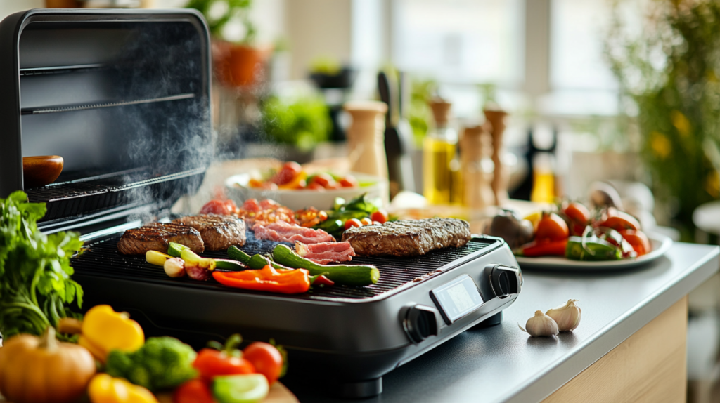 Grill elektryczny w otoczeniu warzyw.