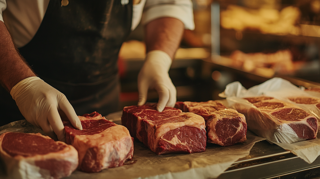 Rzeźnik przygotowujący steki do wystawienia za ladę.